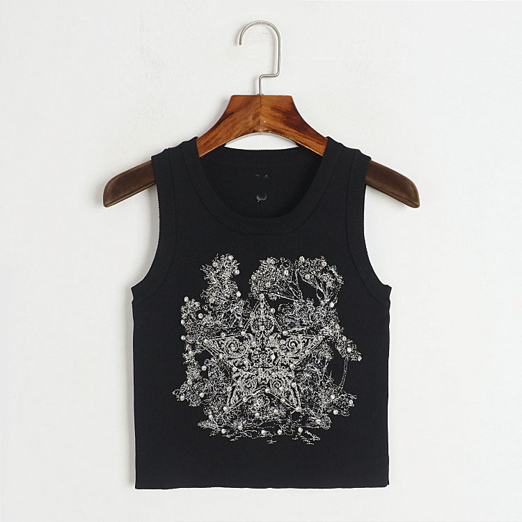 Round Neck Knitted Vest Early Summer Retro Five Pointed Star Rhinestone Embroidered Slim Outer Wear Women Top