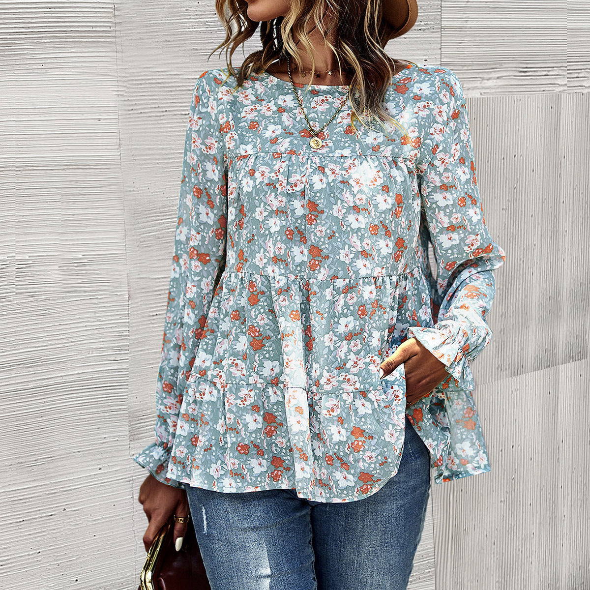 Women Clothing Autumn Winter Casual Round Neck Long Sleeve Floral Top