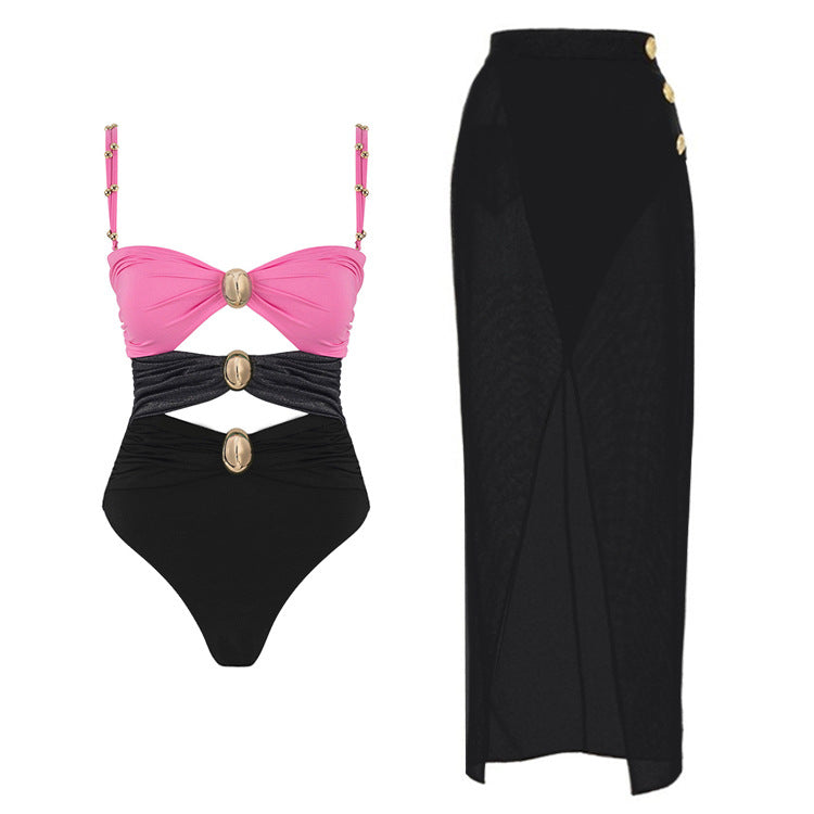 One-piece Swimsuit Women's Round Buckle Decoration Hollow Out Stitching Swimsuit Suit