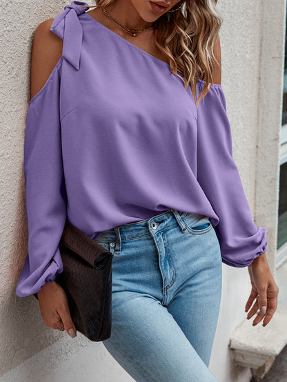 Spring Summer Solid Color Casual Loose One Shoulder Tied Long Sleeves Top