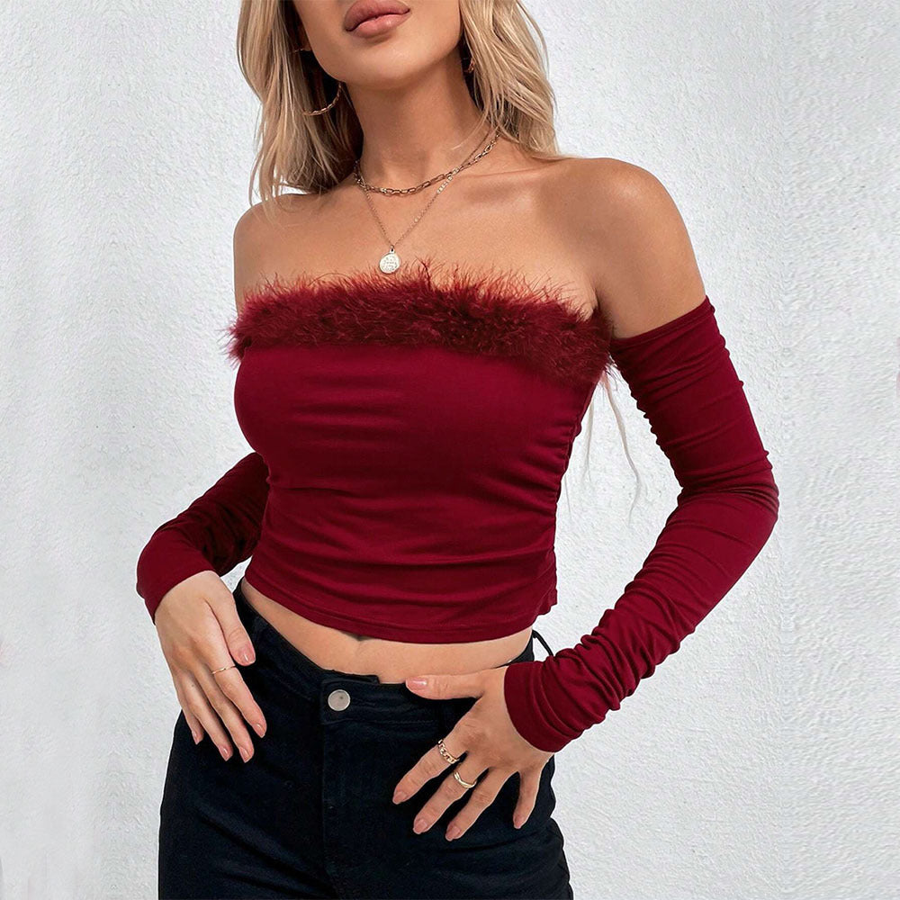 Frauen Kleidung Sexy Wein Rot T shirt Herbst Winter off Schulter Pelz Kragen Rückenfreies Top