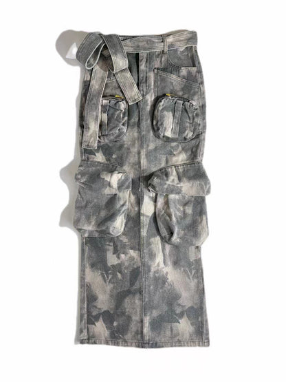 Niche Camuflaje Caqui Verde Falda larga Primavera Verano Herramientas Falda vaquera larga recta con múltiples bolsillos