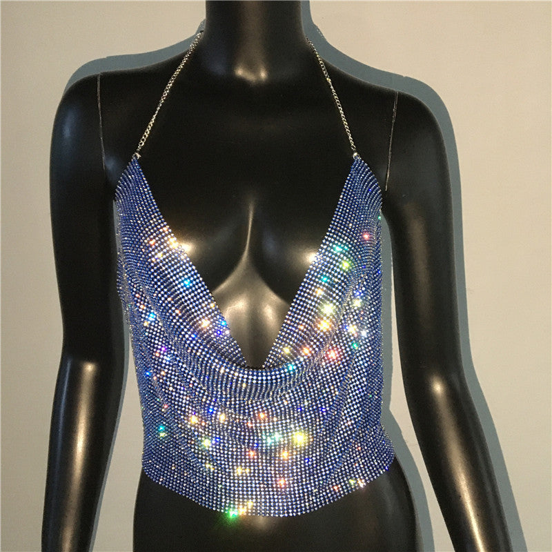 Ropa de mujer Chaleco con diamantes de imitación Traje sexy para fiesta en discoteca Top con tirantes y diamantes de imitación