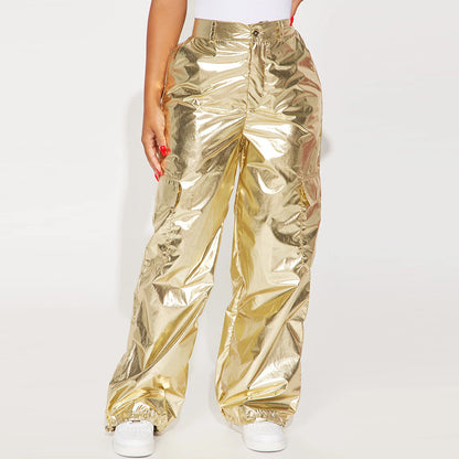 Metallic Coated Fabric Glossy Trousers Christmas Bright Color Stretch Leather Zipper Ankle Banded Slacks Women