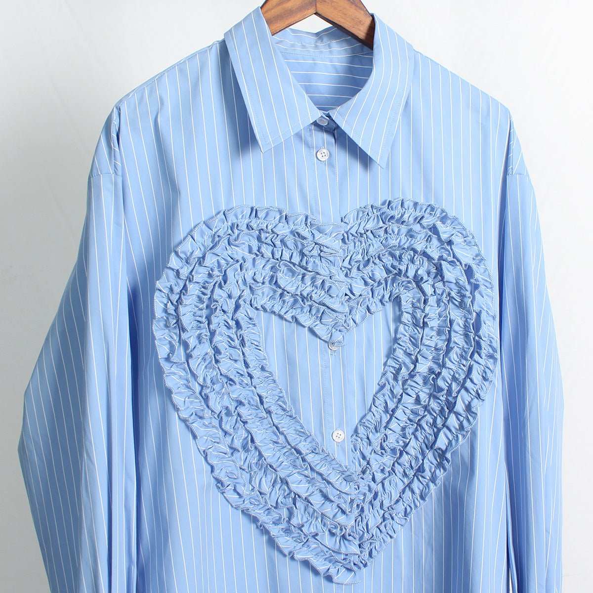 Niche Design Sky Blue Striped Long Love Heart Loose All Match Lazy Oversize Women Shirt