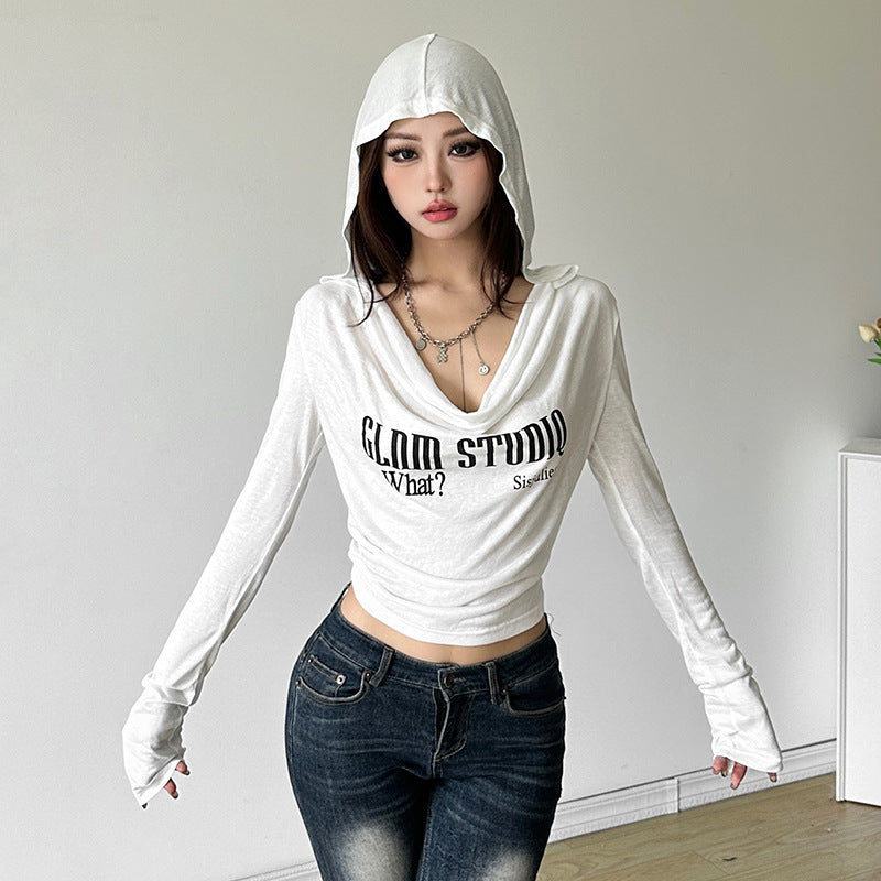 Women Clothing Fall Sexy Hooded Pile Collar Printed Slim Top for Women