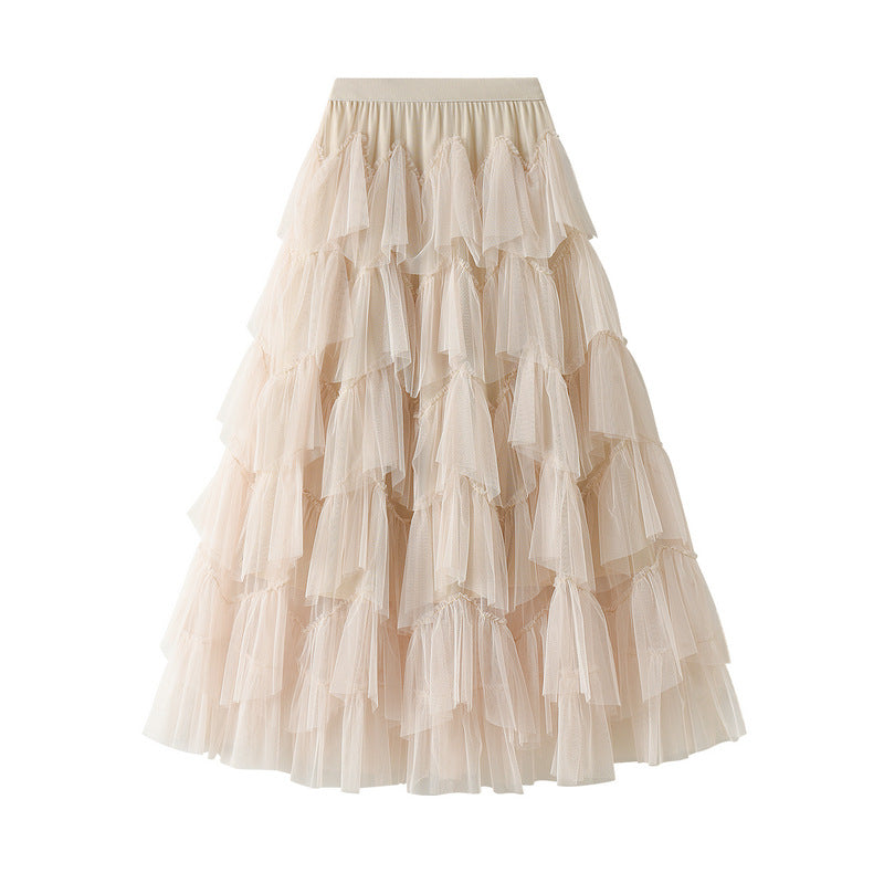 Spring Tiered Dress Mesh Long Skirt Design Skirt Easy Matching Mesh Stitching Pettiskirt