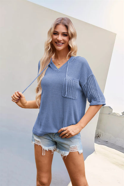 Summer V neck Hooded Sweater with Pockets Hollow Out Cutout Short Sleeved Top for Women