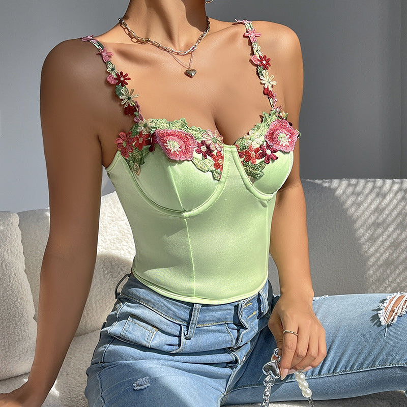 Women Clothing Floral Camisole Top Popular Sexy Vest Ultra Short French Three Dimensional Outerwear