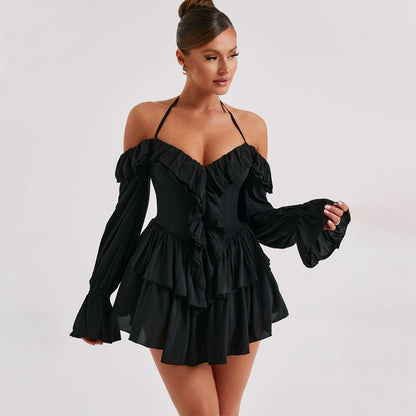 Women Clothing Autumn Sexy Halter Low Cut Ruffled Long Sleeve Romper