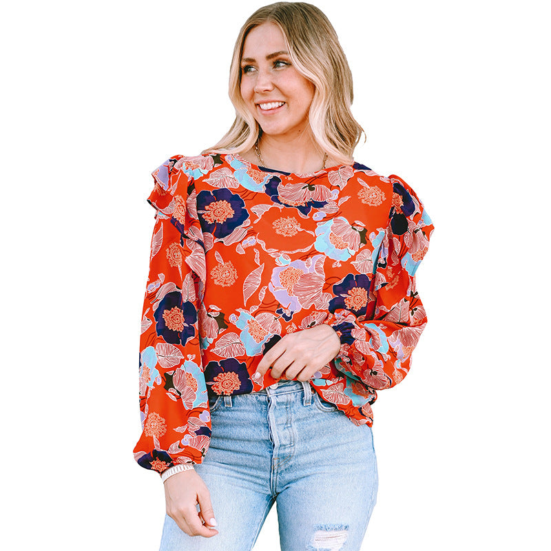 Women Clothing Loose Pullover Top Spring Floral Print Ruffle Sleeve Chiffon Shirt for Women