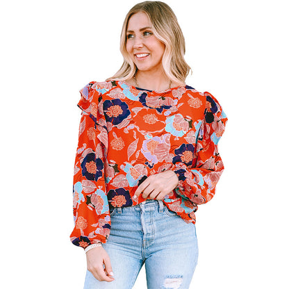 Camisa de gasa con mangas con volantes y estampado floral de primavera para mujer