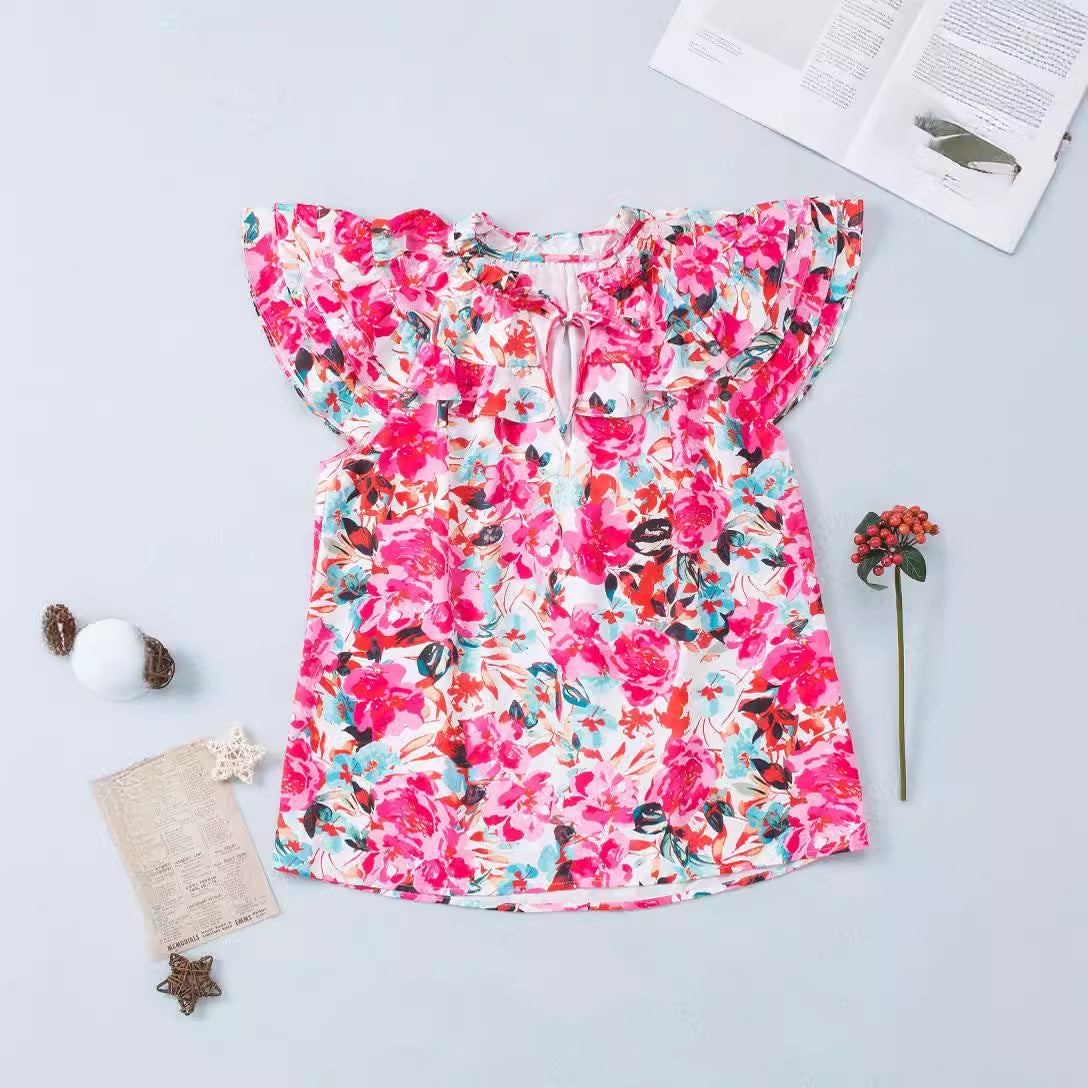 Women Summer Floral Print Chiffon Ruffle Sleeve Elegant Simple Pullover