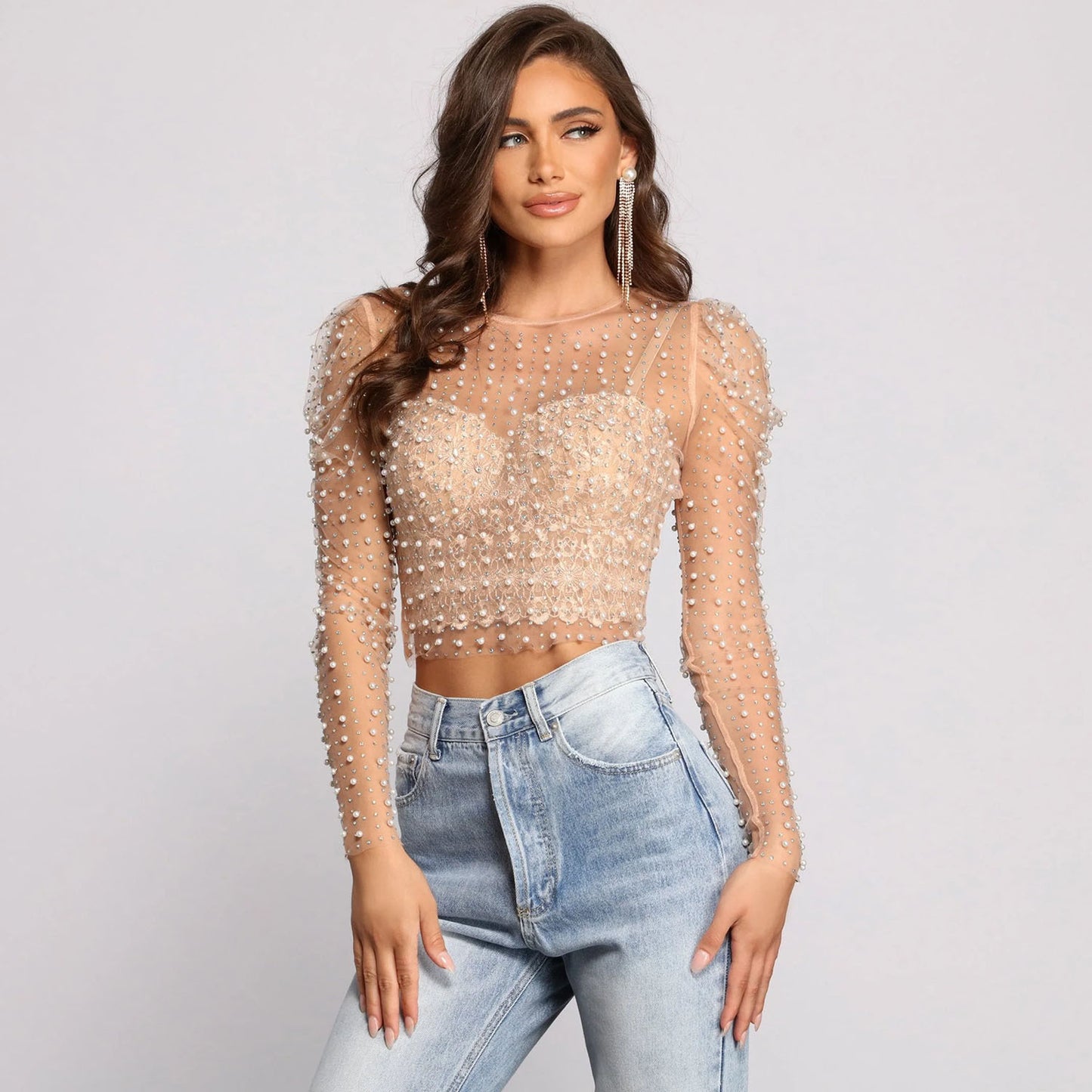 Ropa de verano para mujer, top de malla con mangas abullonadas y perforaciones