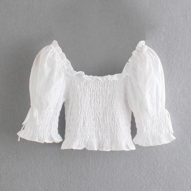 Spring Artistic Square Collar Bell Sleeve Elastic Pleated Bottoming Eyelet Embroidery Shirt for Women