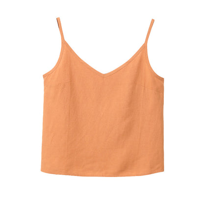 Linen V neck Sling Vest Summer Cotton Linen Cool Casual Simple Backless Sleeveless Inner Match Top for Women