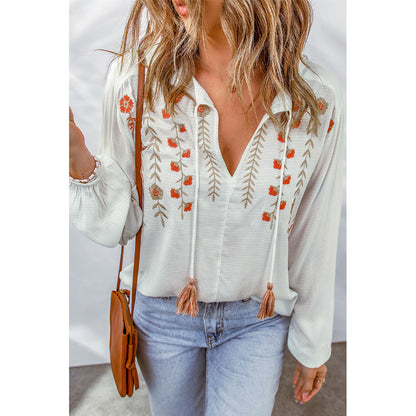 Floral Bestickt V hals Pullover Shirt Frauen Quaste Lace up Langarm Chiffon