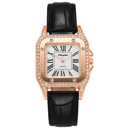 Reloj de mujer con cinturón de diamantes cuadrados y números romanos simples