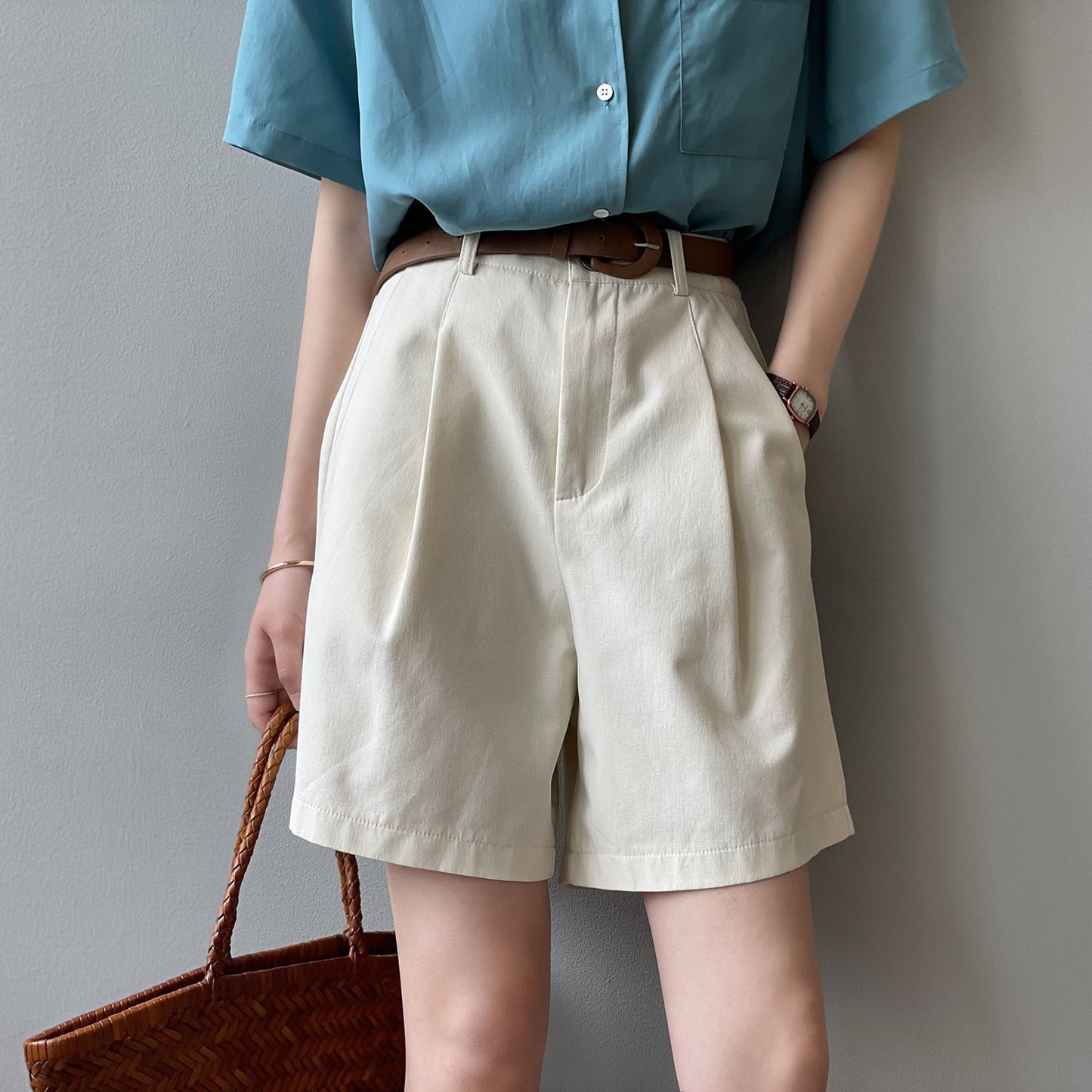 Pantalones cortos de trabajo para mujer, pantalones informales de pierna ancha, rectos, holgados, adelgazantes, de cintura alta, coreanos, de verano
