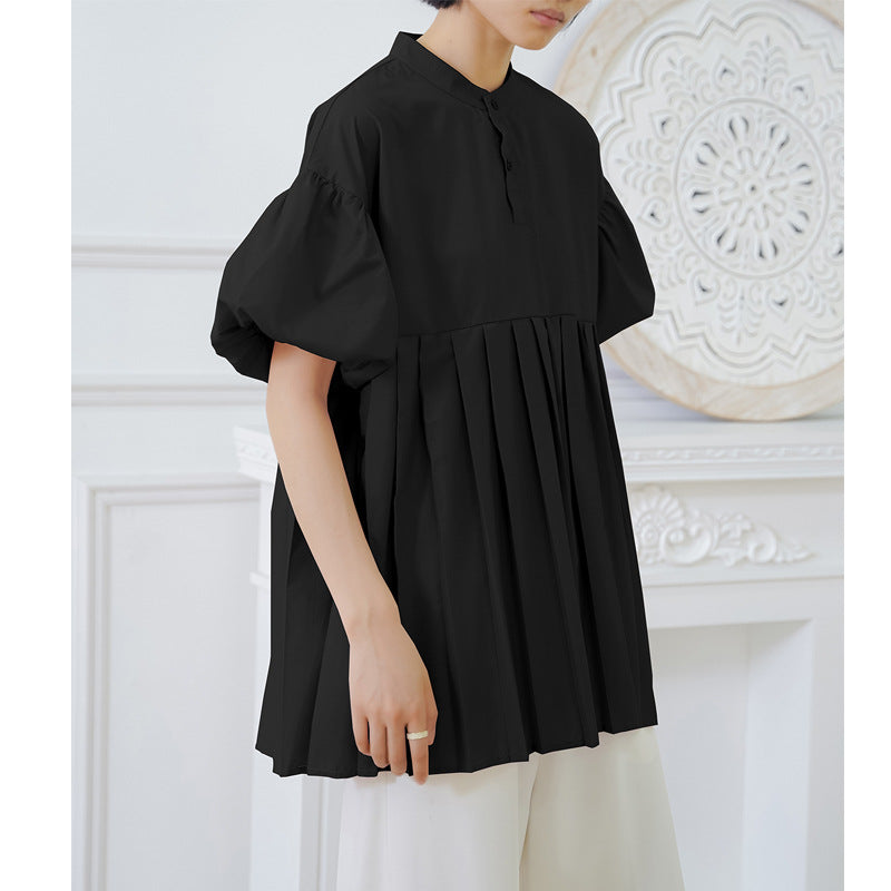 Spring Summer Cotton Anti Wrinkle Women Shirt Lantern Sleeve Pleated Cute Top