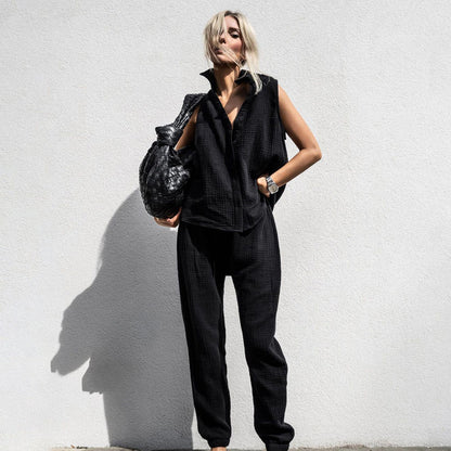 Ropa de mujer para principios de primavera, camisa informal de Color sólido sin mangas, pantalones de cintura alta, traje de dos piezas para mujer