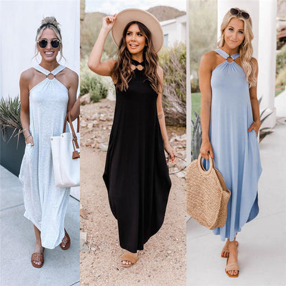 Spring Summer off-the-Shoulder Casual Comfortable Halter Long Plus Size Dress