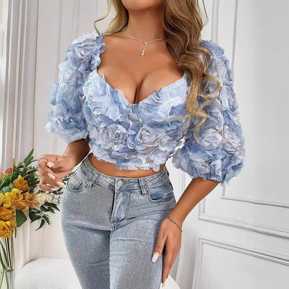 Sommer Erfrischende Licht Eingewickelt Brust Kreative Floral V-ausschnitt Cropped Frauen Kleidung