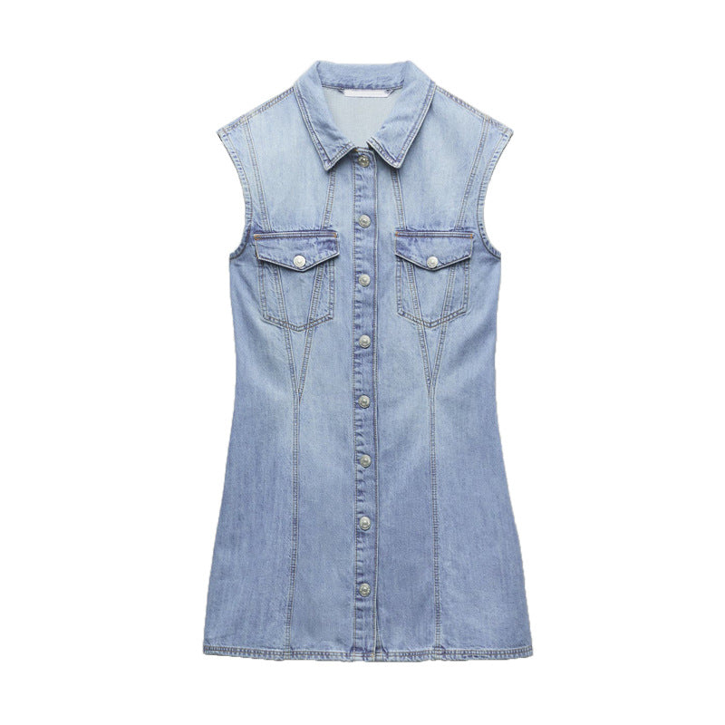 Sommer Damen Kragen Ärmelloses Weste Kleid Gerade Schlank Einreihig Denim Kleid