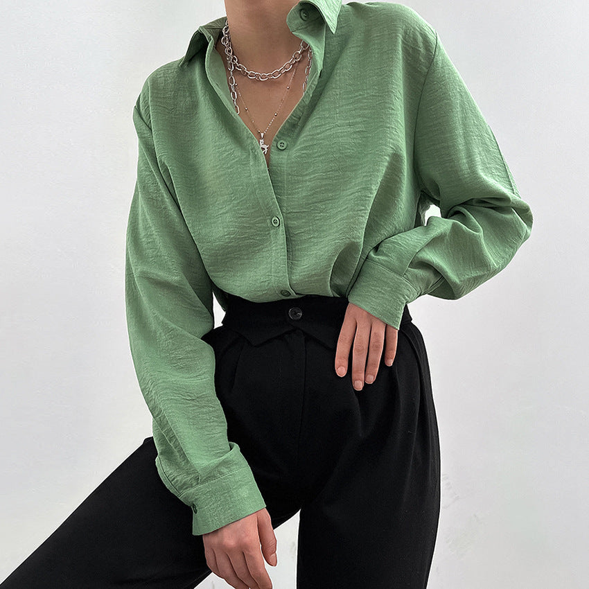 Spring Avocado Green Collared Single Breasted Shirt Women High Grade Casual Long Sleeve