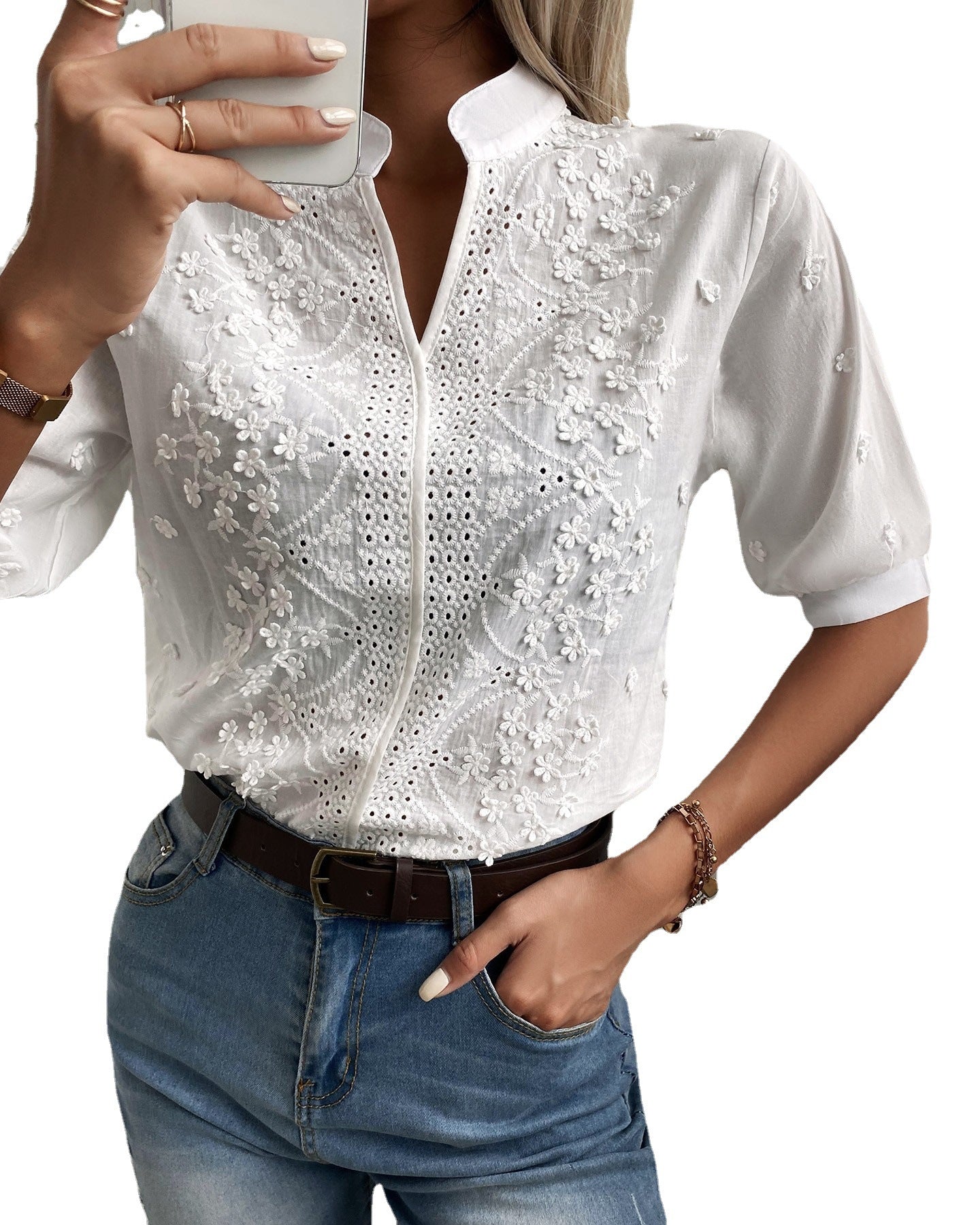 Summer Women V-neck Stand Collar Eyelet Embroidery Lace Top Shirt