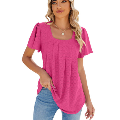 Spring Summer Solid Color Square Collar Pleated Short Sleeves Loose Fitting T shirt Top Women