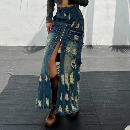 Spring Denim Skirt Split Design Worn Long High Waist Slimming A Line Long Skirt