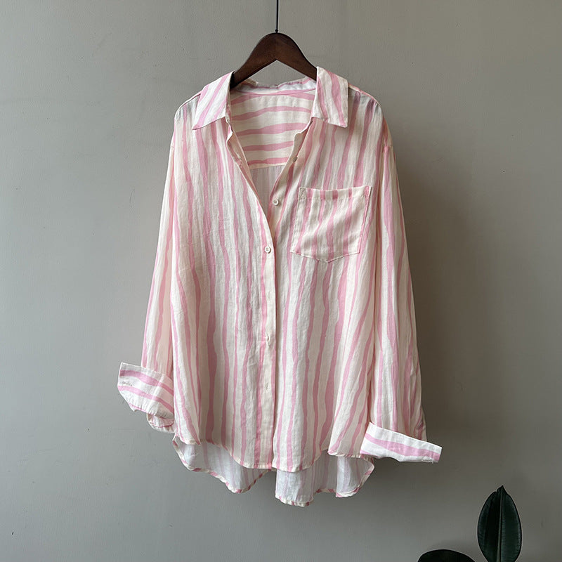 Linen Hong Kong Vertical Striped Long Sleeved Shirt Summer Lightweight Shirt Sun Protection Top