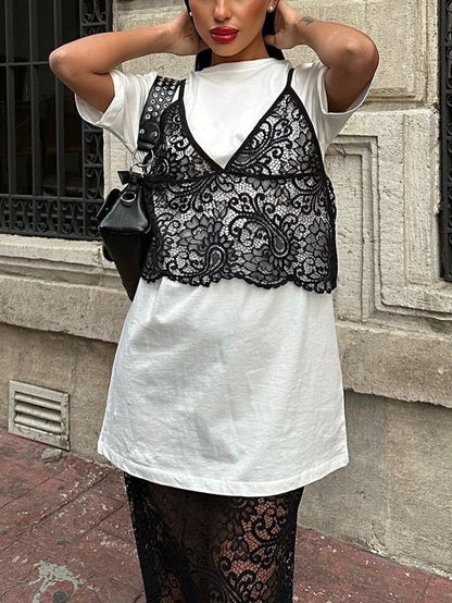 Sexy Personalized Lace Strap Loose Casual Short Sleeved T Shirt