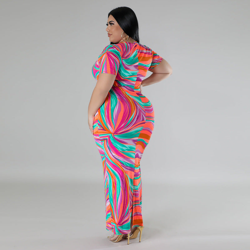 Plus Size Oversized Knit Dress Geometric Abstract Pattern Digital Printing Short Sleeve V neck Dress Slits