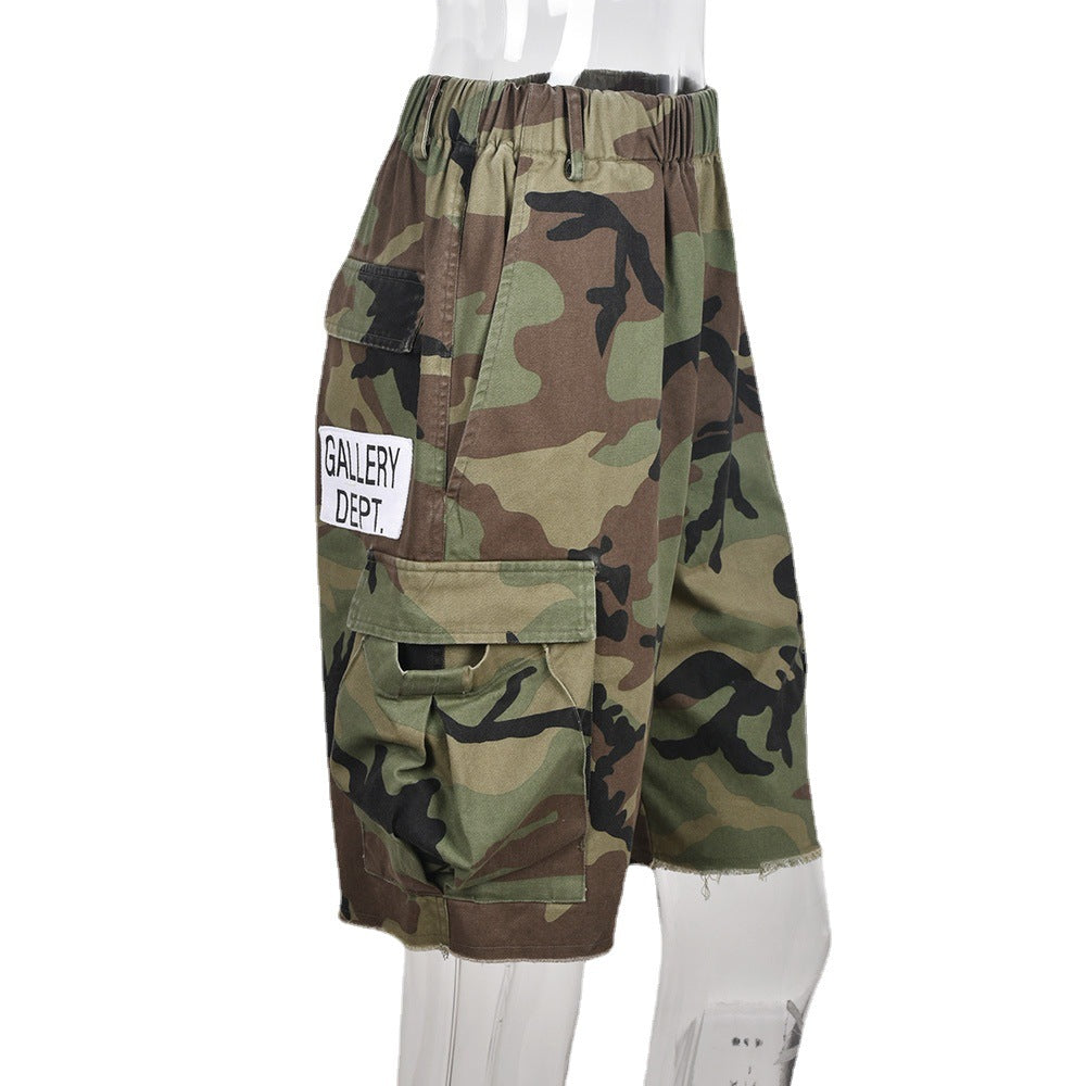 Pantalones cortos casuales con múltiples bolsillos de camuflaje con estampado de letras sueltas sexis de verano para mujer