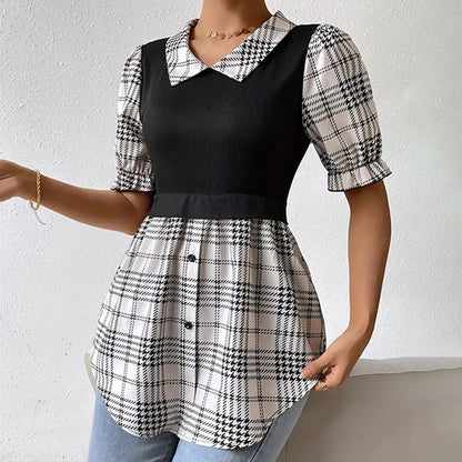 Women Clothing Faux Two Pieces Short Sleeve Puff Sleeve Color Contrast Patchwork Top Women Button Plaid Irregular Asymmetric Top Women