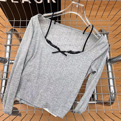 Sweet Spicy Sexy Sexy Lace Faux Two Piece Top Women Spring Summer Gray Square Collar Long Sleeve T shirt