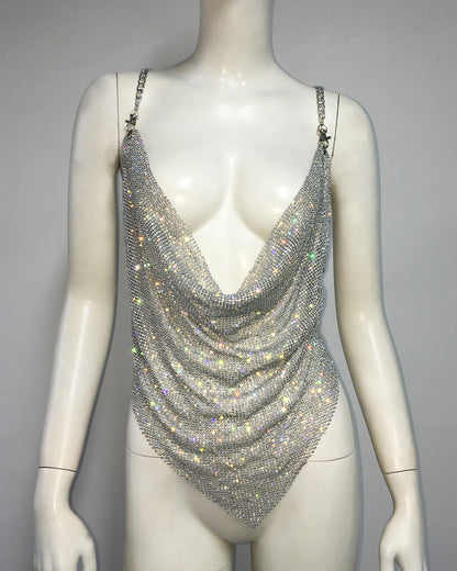 Frühling Metall Strass Top Sexy Hosenträger Unregelmäßige Asymmetrische Weste Süße Würzige Kette Sling