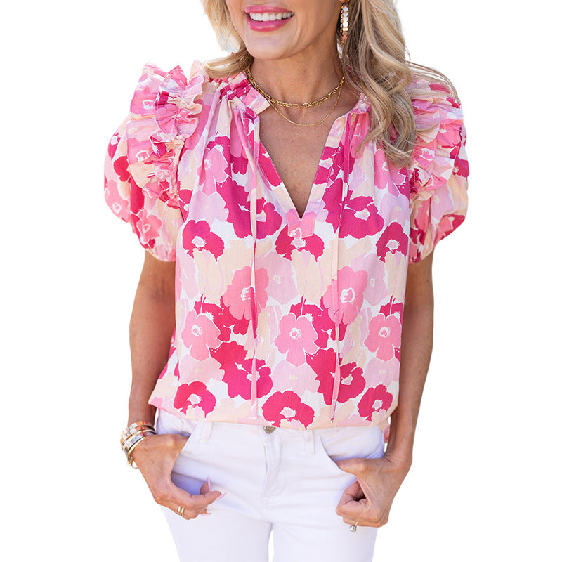 Jersey con estampado floral para mujer, Top de gasa con cuello en V y manga abombada de verano para mujer