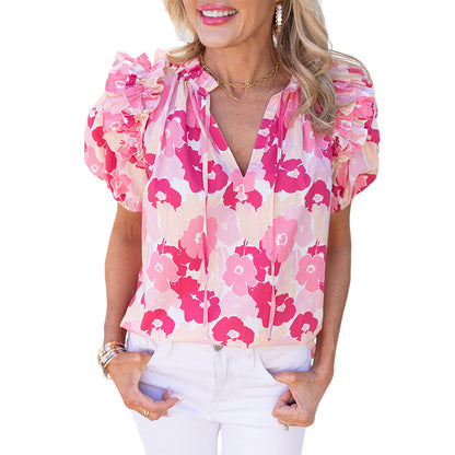 Jersey con estampado floral para mujer, Top de gasa con cuello en V y manga abombada de verano para mujer