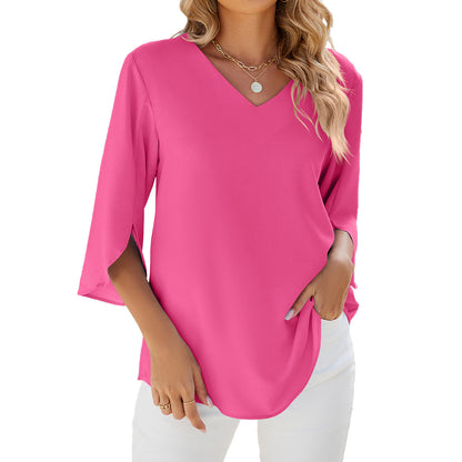 Spring Summer Solid Color V neck Half Sleeves Loose Chiffon Shirt Women Top