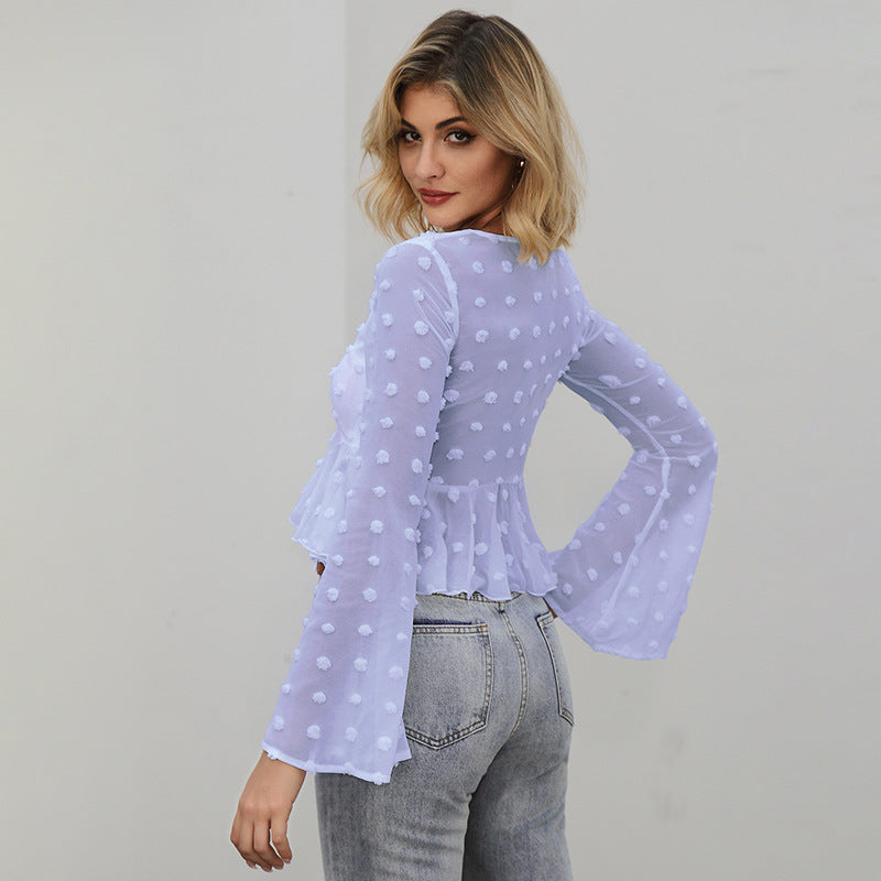 Summer Women Clothing Bell Sleeve Top Long Sleeve Polka-Dot Self Tie Ruffled Shirt Short