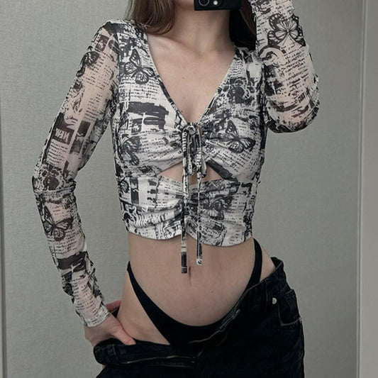 Street Printed Sexy Low Cut Hollow Out Cutout Pleated Lace up T Sexy Personalized Slim Looking Thin Mesh Top