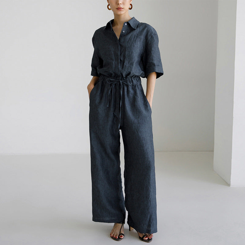 Pure Linen Jumpsuit Niche Design Workwear Short Sleeve Straight Leg Pants Women Loose Slimming Casual Pants