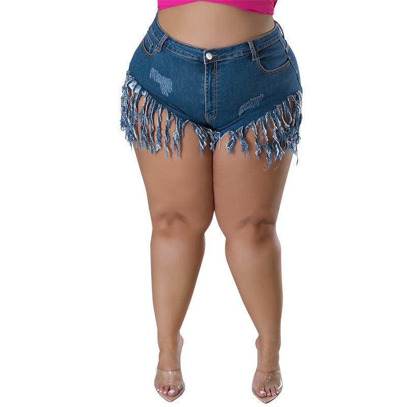 Plus Size Women Clothing Denim Tassel Fit Shorts