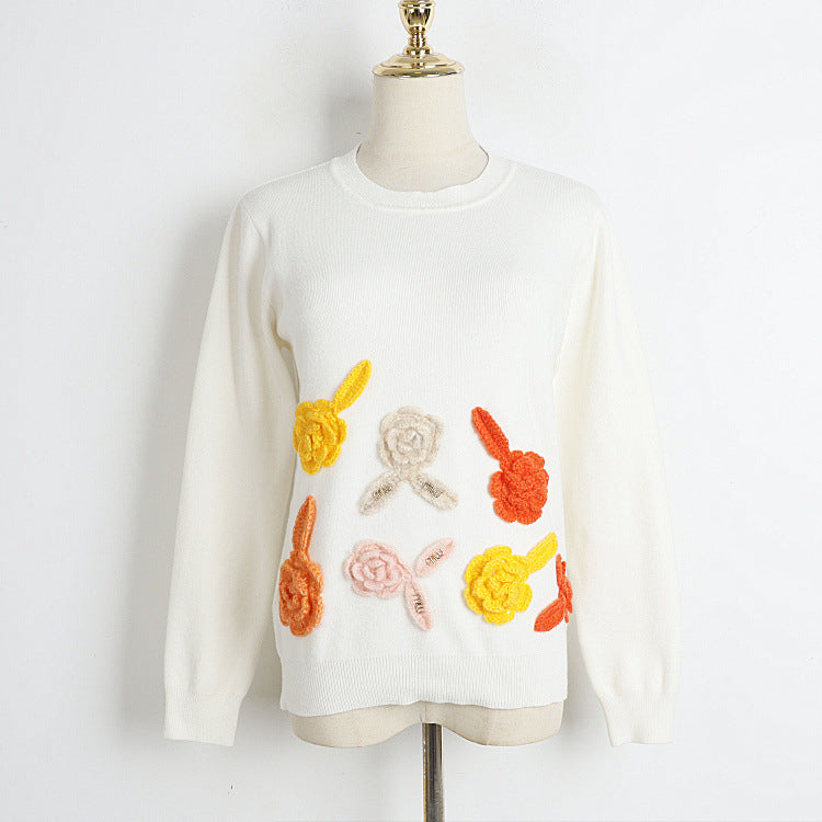 Top Autumn Winter Sweet Tridimensional Hand Crochet Floral Round Neck Sweater