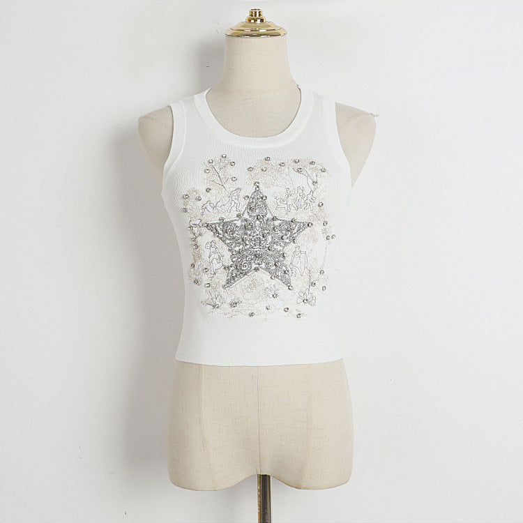 Round Neck Knitted Vest Early Summer Retro Five Pointed Star Rhinestone Embroidered Slim Outer Wear Women Top