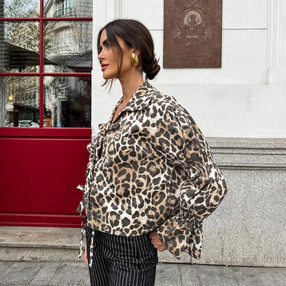 Camisa clásica de calle con estampado de leopardo y cuello atado, camisa holgada informal rusa de otoño, ropa para mujer