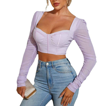 Women Clothing Mesh Long Sleeve Square-Neck Sexy Bandeau cropped Multi-Color Small Top Women